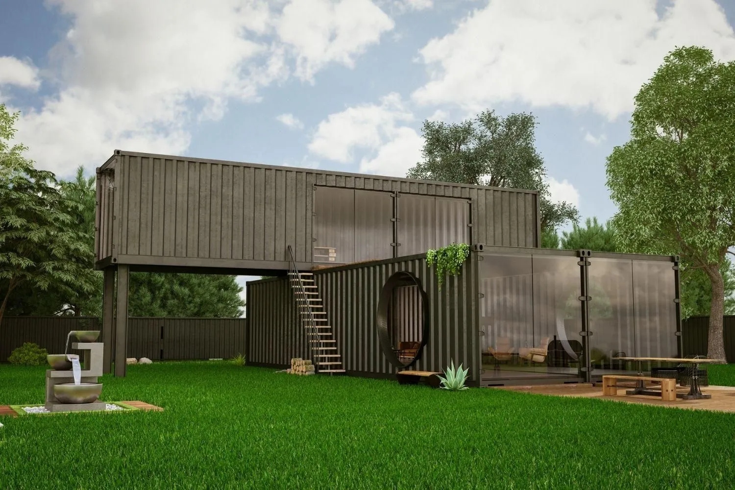 Transformación de contenedores Recreación de casa con tres contenedores, hueco circular y cristaleras: transformación de contenedores