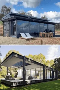 Dos casas oscuras acristaladas, arriba una casa con contenedores marítimos, tumbonas y mesa de madera