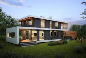 Render de casa moderna de dos plantas con marco blanco, madera oscura y jardín al atardecer