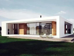 Render de vivienda de una planta con marco blanco, madera, cristaleras y dos tumbonas sobre tarima