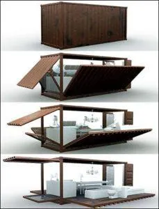 Recreación en cuatro fases de una casa contenedor marrón que se despliega con terraza y muebles