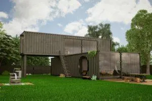 Render de casa con contenedores marítimos oscuros, uno elevado sobre pilares, escalera y ventana circular